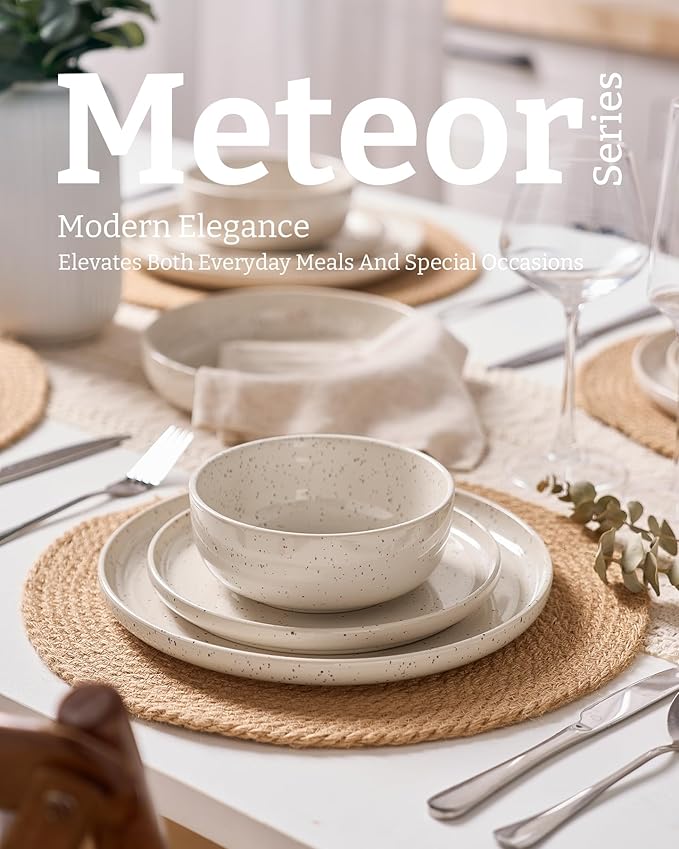 Famiware Meteor Plates and Bowls Sets 24-Piece Stoneware Dinnerware Sets Dishes Set for 8 Microwave and Dishwasher Safe Tableware Creamy White