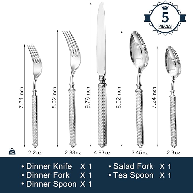 KINGSTONE Retro Rope-Pattern Silverware Set 5-Piece Flatware Set Cutlery Set Forged with Handcrafted Texture Handles 18/10 Stainless Steel Dishwasher Safe