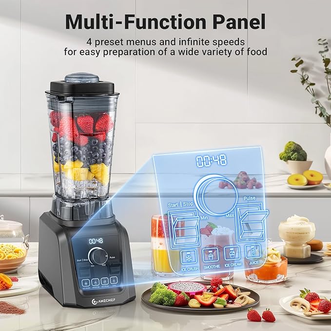 AMZCHEF Professional Blenders for Kitchen 1800 W Smoothie Blender with Infinitely Variable Speed and 5 Functions 68 oz Blender for Smoothies Puree Ice Crush Ice Cream Soup Juice Grey
