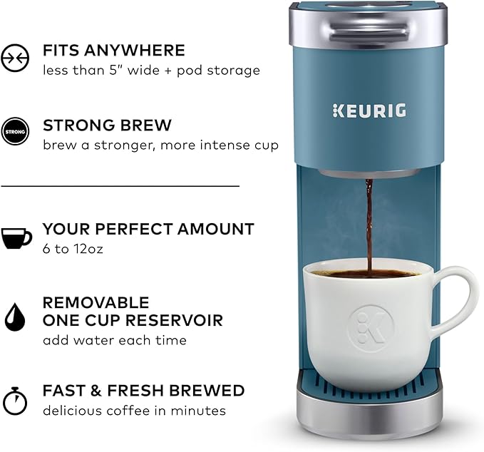 Keurig K-Mini Plus Single Serve K-Cup Pod Coffee Maker with 6 to 12oz Brew Size Stores up to 9 K-Cup Pods Travel Mug Friendly Evening Teal