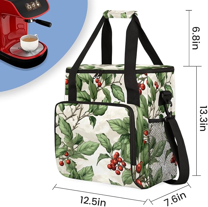 Christmas Flowers Coffee Maker Carrying Bag Bright Flowers Travel Storage Bag Compatible with K-Mini or K-Mini Plus Single Serve Coffee Brewer Carrying Case with Multiple Pockets &amp Shoulder Stra