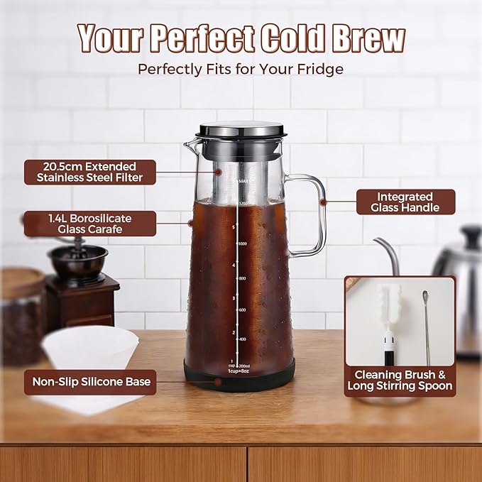 Cold Brew Coffee Maker 1.4L/48oz with Handle Extended Stainless Steel Filter for Deep Extraction Iced Tea Pitcher with Non-Slip Base Includes Cleaning Brush &amp Long Stirring Spoon