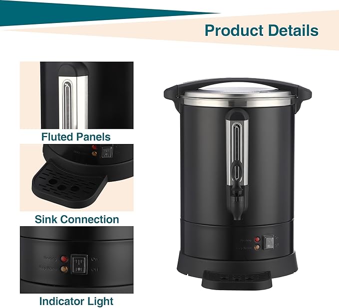 Coffee Urn 14L Hot Beverage Dispenser for Catering Double-Wall Stainless Steel Percolator Dripless Faucet Coffee Urn w/Water Level Gauge &amp Drip Tray Keep Warm Indicator Lights Black