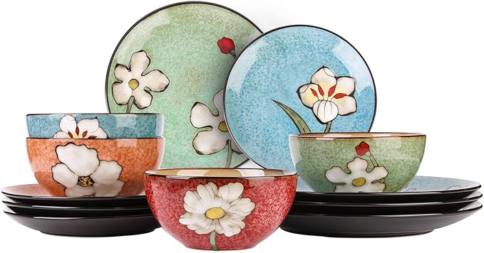 Plates and Bowls Sets12 Pieces Kiln Changed Glaze Ceramic Dinnerware SetDishes Set for 4Highly Chip and Crack Resistant Modern Plate SetDishwasher &amp Microwave Safe (4 colors)