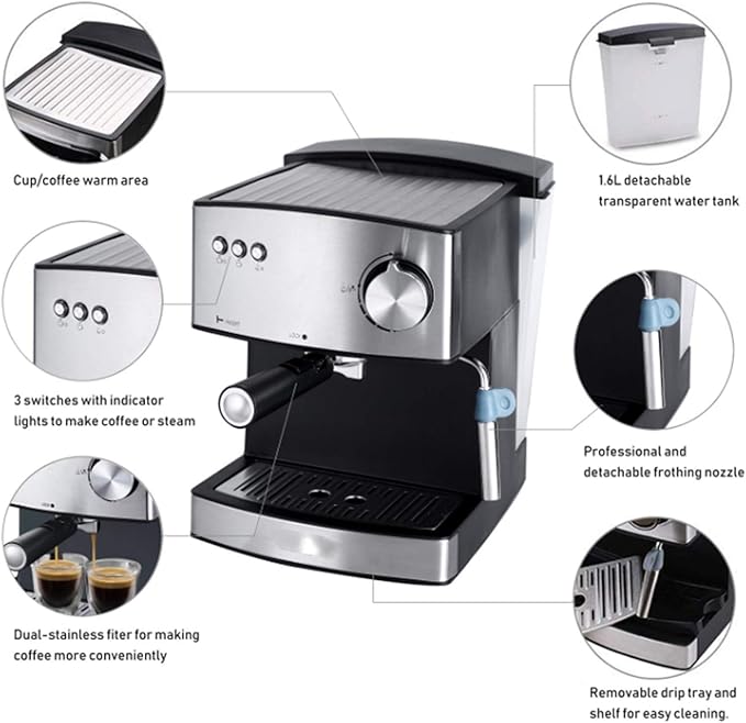 Electric Coffee Maker 1.6L with Fast Foam Frother - 850W Kitchen Appliance for Lovers