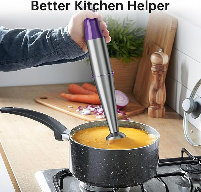 Immersion Blender Handheld Corded Hand Blenders Set 1100W Trigger Variable Speed 5 in 1 Stick Emulsifier with Chopper Whisk and Frother for Soup Baby Food and Smoothies Purple