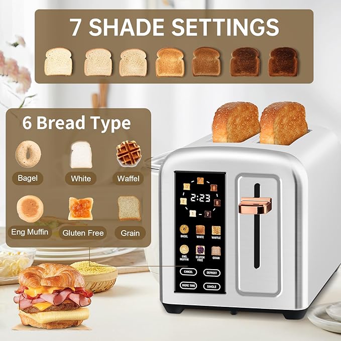 SEEDEEM Toaster 2 Slice Real Touch Screen with LCD Display Single-Slice Function Stainless Steel Toaster 50% Faster Heating 1.5 Wide Slots Removable Crumb Tray 1350W Silver Metallic