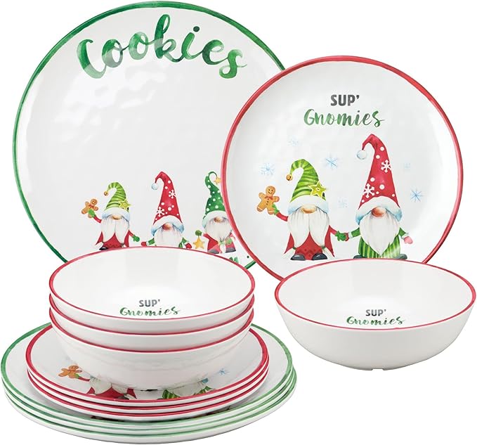 UPware 12 Piece Gnomies Melamine Dinnerware Sets Outdoor Dishes Set Plates and Bowls Sets Christmas Decorations Service for 4 White