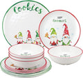 UPware 12 Piece Gnomies Melamine Dinnerware Sets Outdoor Dishes Set Plates and Bowls Sets Christmas Decorations Service for 4 White