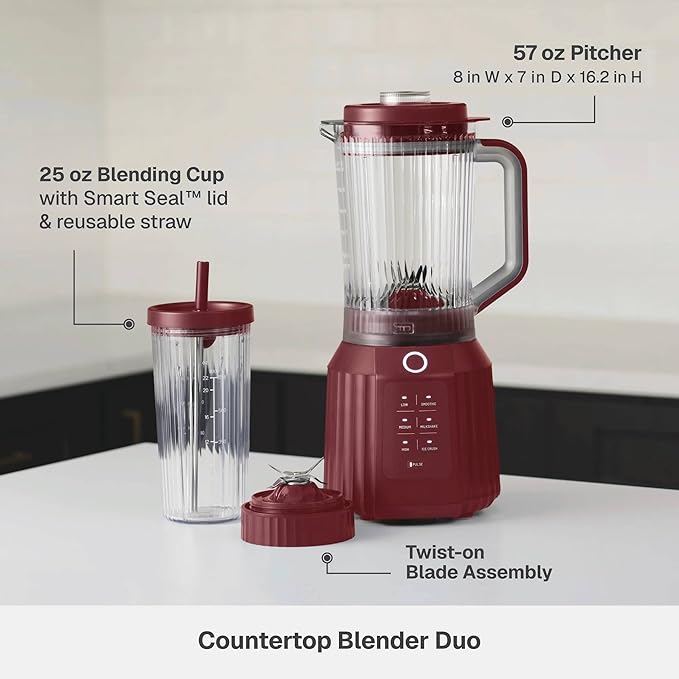 Countertop Blender with Pitcher and To-Go Cup 1100W High-Power Blender Stainless Steel Blade Multiple Speed Settings (Cabernet Red)
