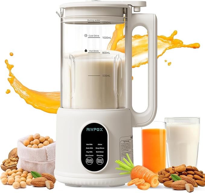 8 in 1 Automatic Nut Milk Maker 41oz Homemade Soybean Milk Almond Milk Oat Milk and Juice Electric Bean and Nut Milk Machine with Appointment Timer Keep Warm and Self-cleaning Function Beige