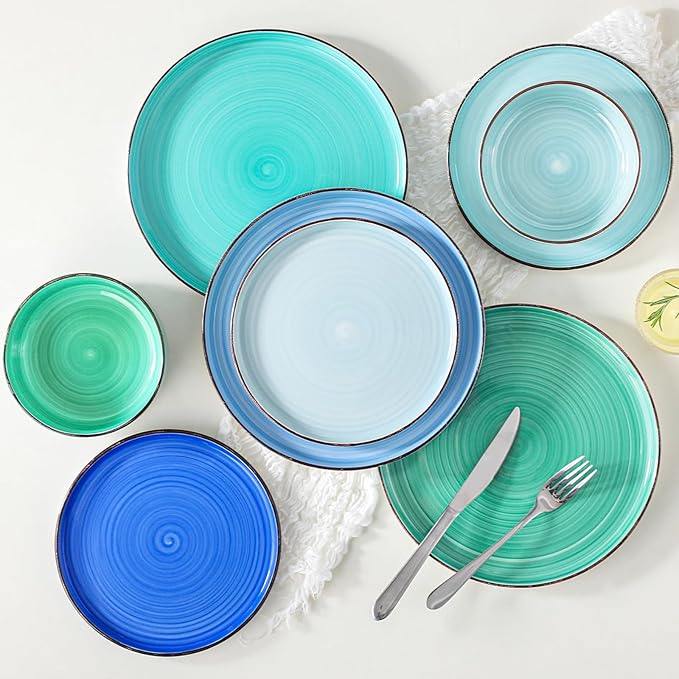 vancasso Bonita Dinnerware Sets 24 Pieces Blue Stoneware Dishes Set for 6 Dinner Platers with Bowls Set Dishwasher and Microwave Safe