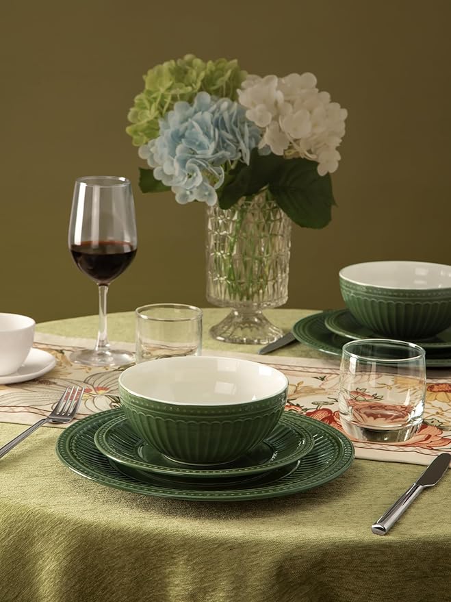 Famiware 24 Pieces Dinnerware Sets Dishes Set for 4 Dark Green &amp Light Gray