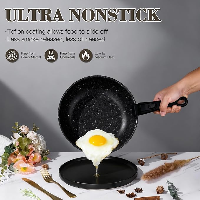 Vesteel 12Pcs Pots and Pans Set Nonstick Cookware Set with Detachable Handle and Egg Frying Pan Stackable RV Kitchen Cooking Utensils Set Black