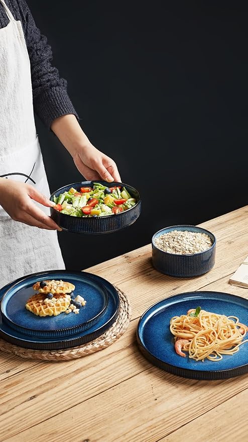 Famiware Star Dinnerware Set with Plates and Bowls Service for 4 (16-Piece) Stoneware Kitchen Dishes Dinner Sets - Nebulas Blue
