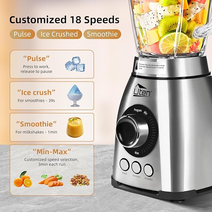 Uten 800 Watt Fast Countertop Blender for Smoothies and Shakes Ground Coffee Beans 60 Oz Glass Jar 18 Speed Levels 3 Programs Ice Crush Smoothie Pulse