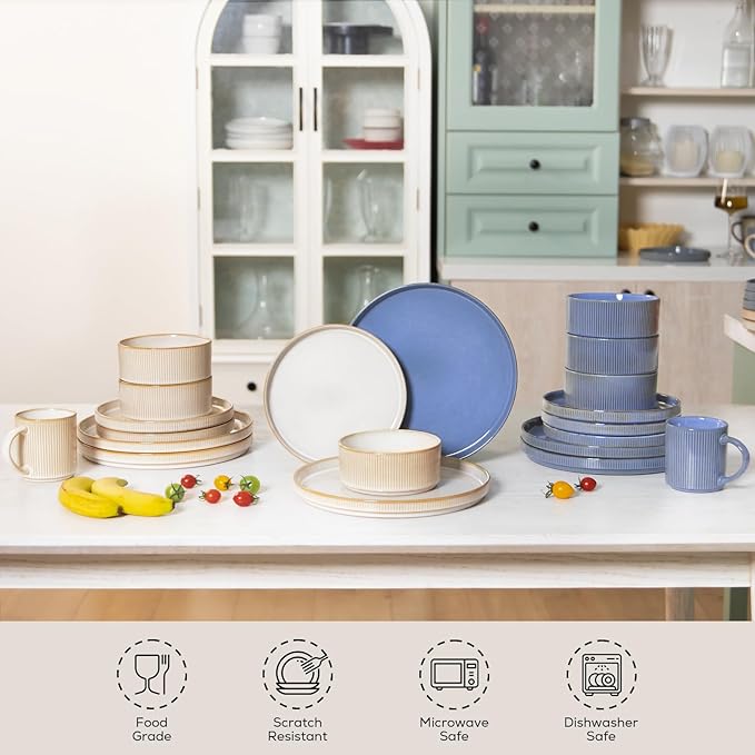 Romswi Stoneware 18Pcs Dinnerware Sets Ceramic Plates and Bowls Set for 6 Chip &amp Scratch Resistant Ribbed Dish Set Handmade Reactive Glaze Oven Microwave &amp Dishwasher Safe Cappuccino Whi