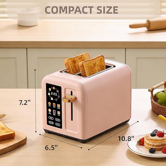 2-Slice Toaster with Touch Screen 7 Shade Settings Extra Wide Slots 6 Bread Function Stainless Steel with High Lift Lever Removable Crumb Tray 1350W (Pink)