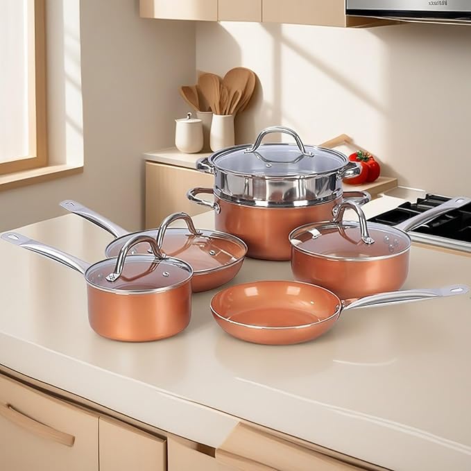 10-Piece Nonstick Cookware Set with Glass Lids Copper Orange Kitchen Pots and Pans Set Stainless Steel Handle Non-Toxic 6 Qt Casserole 8 and 9.5 Inch Skillets Saucepans