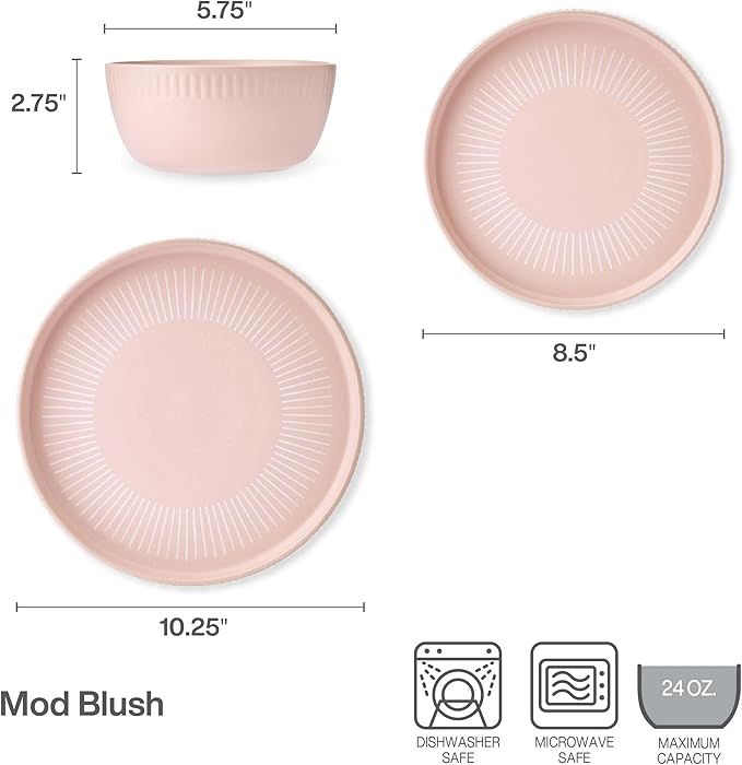 Darbie Angell Mod Blush 12 Piece Durable Stoneware Dinnerware Set Service for 4 Plate and Bowl Set with High Rims Modern Tableware Pink