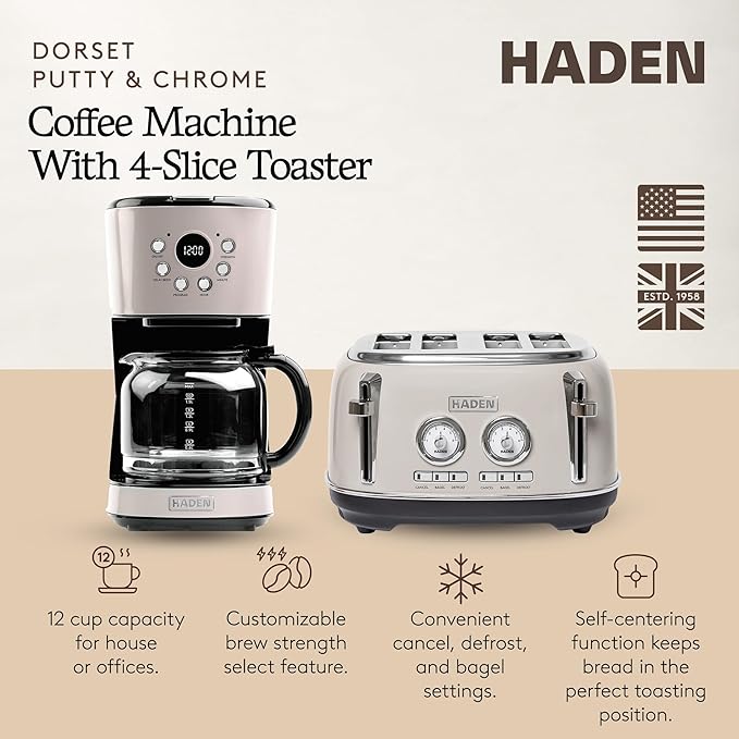 Haden 12 Cup Programmable Drip Coffee Maker Coffee Machine Bundled with Dorset 4 Slice Wide Slot Stainless Steel Toaster Putty &amp Chrome