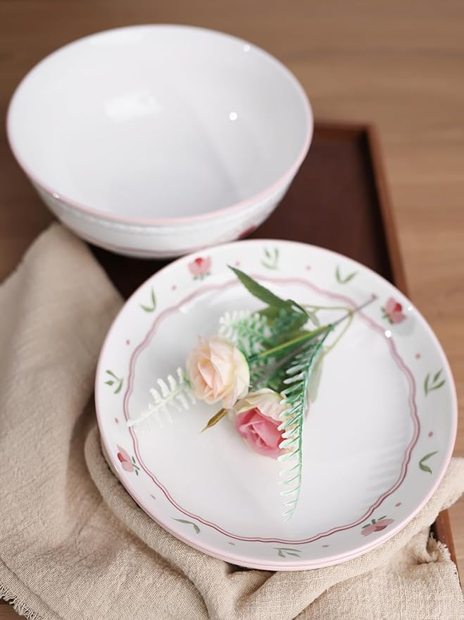 HAOTOP Ceramic Dinnerware Set 3 Pieces Plates and Bowls Floral Pattern Dinner Serving Plates and Bowls Sets for Salad Soup Pasta Microwave ＆ Dishwasher Safe White
