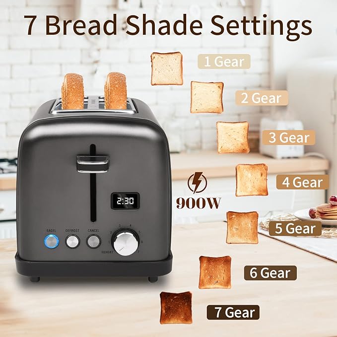SEEDEEM Toaster 2 Slice LCD Display 7 Shade Settings 1.4'' Wide Slots Stainless Steel Digital Toaster for Bagel Defrost Reheat Removable Crumb Tray 900W Grey