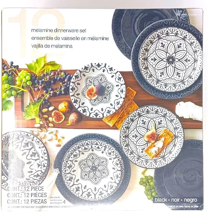 Melamine Black 12-Piece Dinnerware set - 4 Dinner plates 4 Salad plates and 4 Bowls