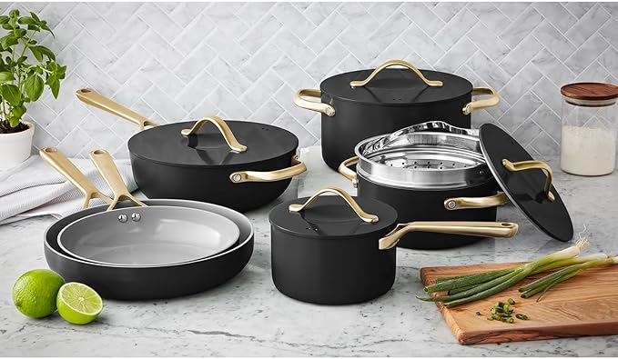 11 Piece Modern Ceramic Cookware Set (Black) – Nonstick Healthy Ceramic Interior – Heavy Gauge Aluminum with Induction Base – Oven Safe to 450°F