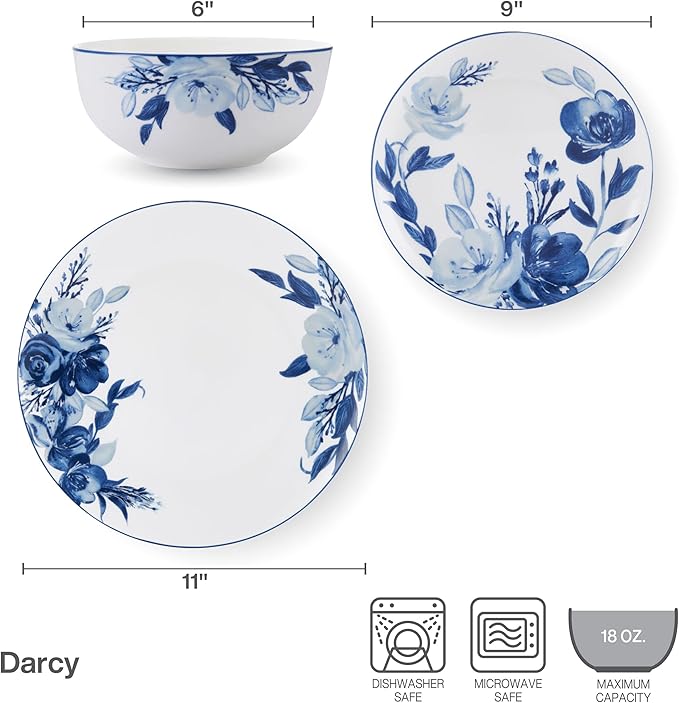 Mikasa Darcy Bone China Lightweight Chip Resistant 12 Piece Dinnerware Set Service for 4Blue and White