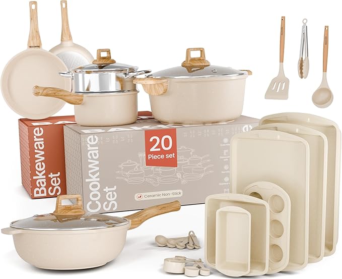 Bakken Master 20 Piece Cookware Set - Pots and Pans with Handle Grips and Tempered Glass Lids With 6-piece Bakeware Set Nonstick Granite Coating Ceramic Max Temperature (Up To 500° F) Cream