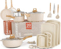 Bakken Master 20 Piece Cookware Set - Pots and Pans with Handle Grips and Tempered Glass Lids With 6-piece Bakeware Set Nonstick Granite Coating Ceramic Max Temperature (Up To 500° F) Cream