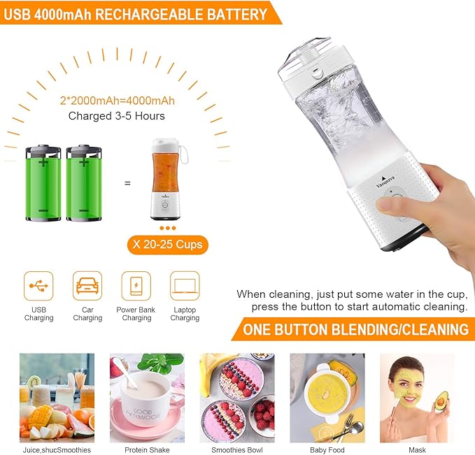 Vaeqozva Portable Blender USB Rechargeable Personal Mixer Fruit Mini Blender for Smoothie Fruit Juice Protein Shake Milk Shakes
