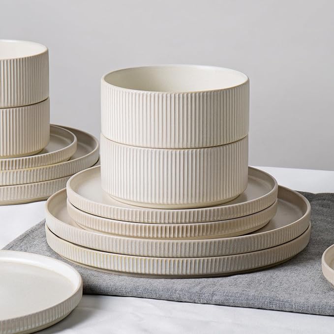 Dinnerware Set Service for 4 12-Piece Ceramic Plates and Bowls Set Chip &amp Scratch Resistant Microwave and Dishwasher Safe Modern Minimalist Tableware for Everyday Use Matte White