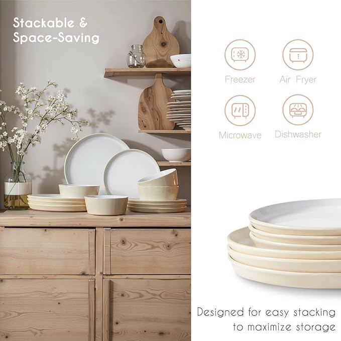 Stoneware Dinnerware Set for 4(12Pcs) – Microwave &amp Dishwasher Safe Plates and Bowls with Reactive Glaze – Rustic Farmhouse Modern Design for Everyday Dining Wedding &amp Outdoor - Light Beige