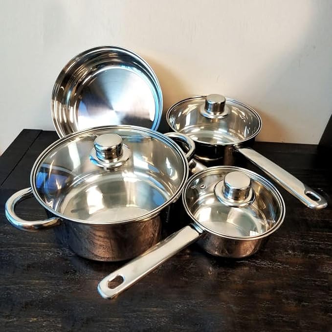 7-Piece Stainless Steel Cookware Set – Mirror Polished Pots and Pans with Dutch Oven Saucepans Frying Pan &amp Vented Glass Lids Heat Resistant Handles Aluminum Base for Even Heating