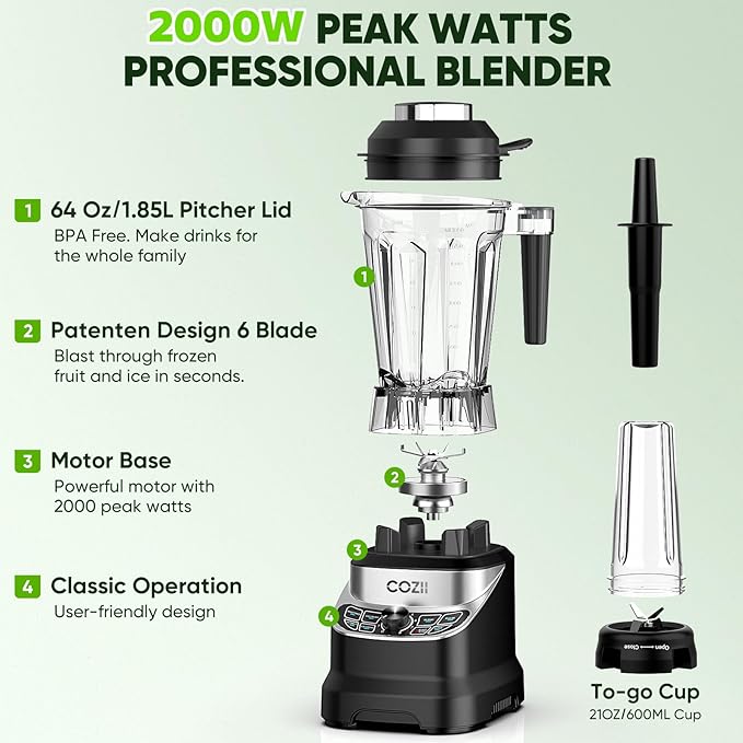 COZII Professional Blenders 2000W for Kitchen with 64oz Pitcher &amp 21oz To-go Cup Quiet Blender for Smoothies/Ice Crushing/Frozen Drink/Nut Milk 7 Preset Programs &amp 8 Speed Control Dishwashe