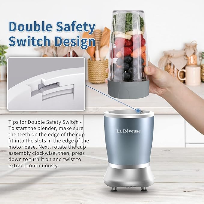 La Reveuse Personal Size Blender 250 Watts Power for Shakes Smoothies Seasonings Sauces with 1 Piece 15 oz Cup1 Piece 10 oz MugBPA-free (Pearl Blue)