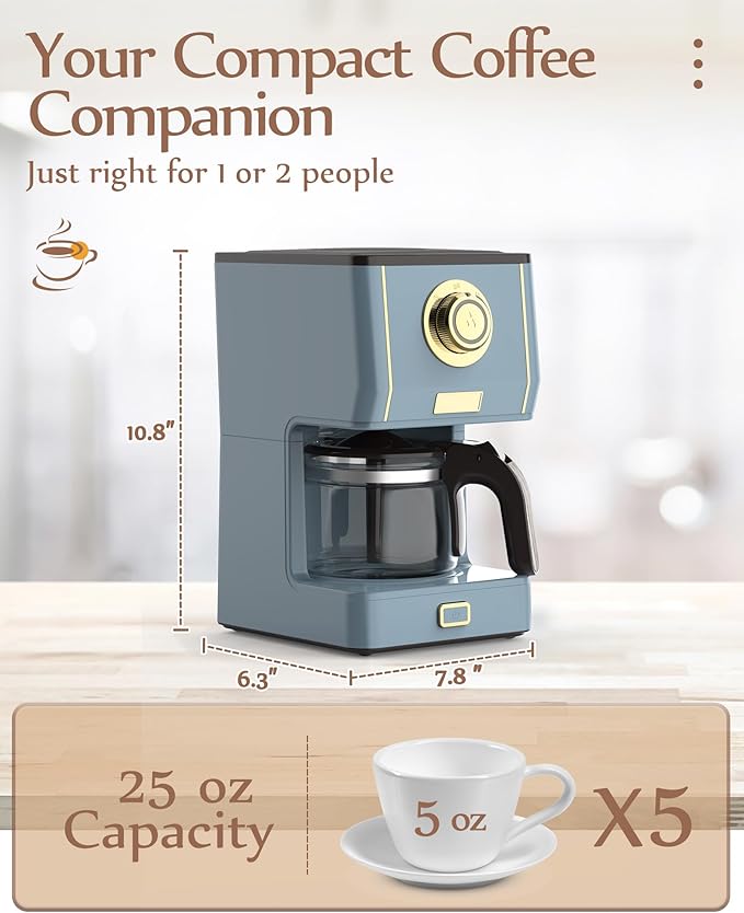 Amaste Coffee Maker 5 Cup Coffee Pot with Three Brewing Modes Retro Coffee Maker with Glass Carafe &amp Reusable Coffee Filter Drip Coffee Maker Ideal for Home or Office Warming Plate Ash Blue