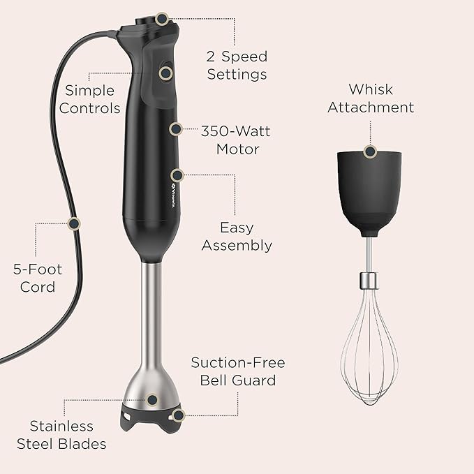 Vitamix 2-Speed Immersion Blender + Whisk Attachment Professional-Grade Hand Blender with 350-Watt Motor and Stainless-Steel Blade Black