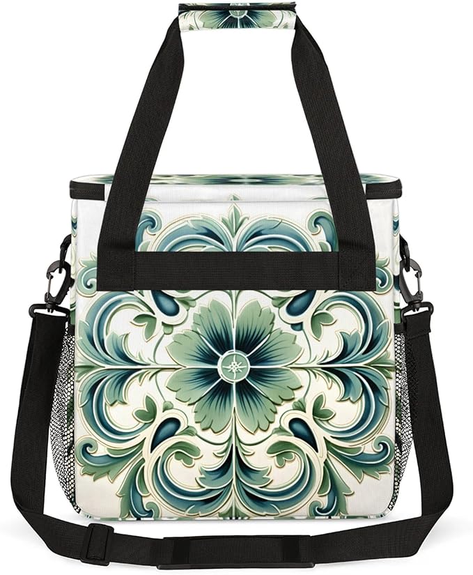Green Floral Design Coffee Maker Travel Bag for Keurig K-Mini/K-Mini Plus Insulated Waterproof Tote with Pockets for K-Cup Portable Single-Serve Brewer Case