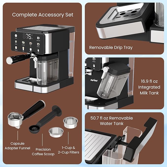 Espresso &amp Americano Machine with Cold Brew Iced Coffee Maker with Ground/Capsule Dual Brewing Touchscreen Milk Frother Latte &amp Cappucinno Maker with 51OZ Water Tank Self-clean Black