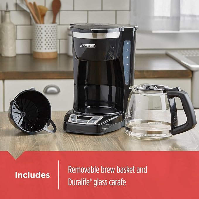 BLACK+DECKER 12-Cup Digital Coffee Maker Programmable Washable Basket Filter Sneak-A-Cup Auto Brew Water Window Keep Hot Plate Black