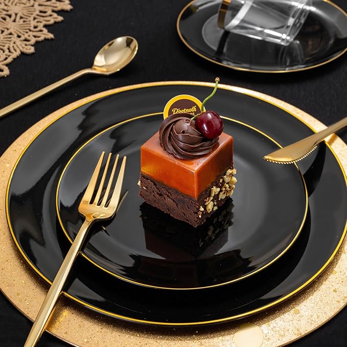 bUCLA 150PCS Black and Gold Plastic Plates - Black Gold Plastic Dinnerware Set Disposable - Include 25 Dinner / 25 Dessert Plates 25 Knives 25 Forks 25 Spoons 25 Cups Ideal for Party &amp Birthd