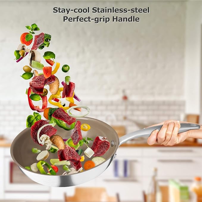 Duxtop 7PC Stainless Steel Ceramic Coated Nonstick Pans Set Induction Frying Pans Non-stick Saute Pan with Lid Impact-bonded Technology