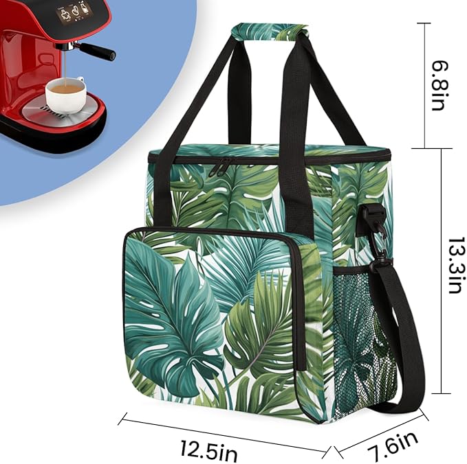 Gossamer Tropical Leaves Coffee Maker Carrying Bag Travel Storage Bag Compatible with K-Mini or K-Mini Plus Single Serve Coffee Brewer Carrying Case with Multiple Pockets &amp Shoulder Strap