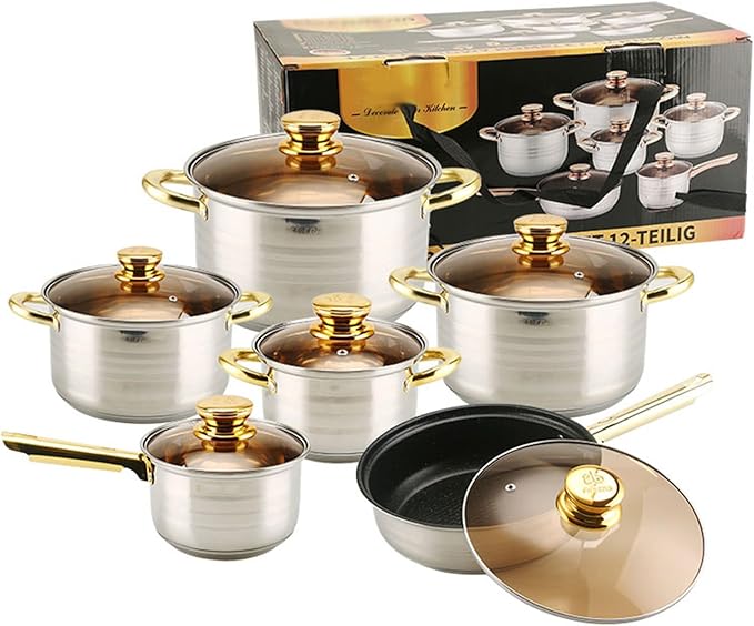 12pcs Pots and Pans Set Non Stick Stainless Steel Kitchen Cookware Sets Induction with Visual Lid Cooking Set Includes Soup Pot Frying Pan Milk Pot for Oven &amp Dishwasher SafeB
