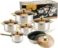 12pcs Pots and Pans Set Non Stick Stainless Steel Kitchen Cookware Sets Induction with Visual Lid Cooking Set Includes Soup Pot Frying Pan Milk Pot for Oven &amp Dishwasher SafeB