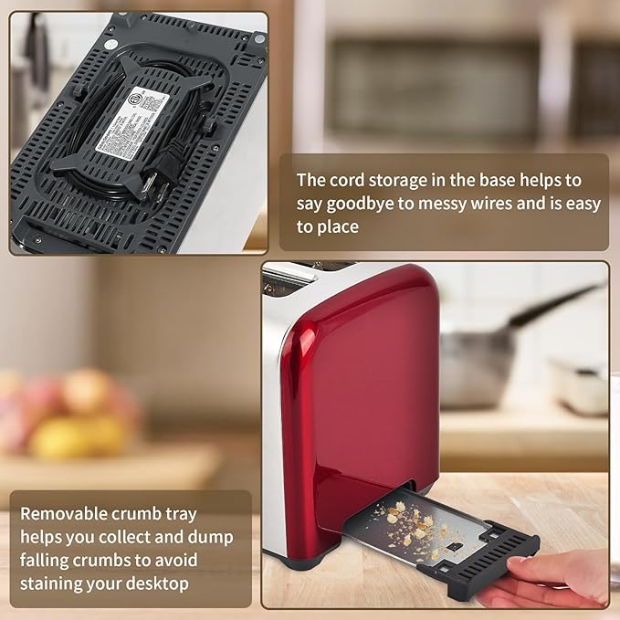 SEEDEEM Toaster 2 Slice Full Touch Control Stainless Toaster LCD Display 50% Faster Heating Speed 6 Bread Type 7 Shade Setting 1.5''Wide Slots Removable Crumb Tray 1350W Dark Cherry
