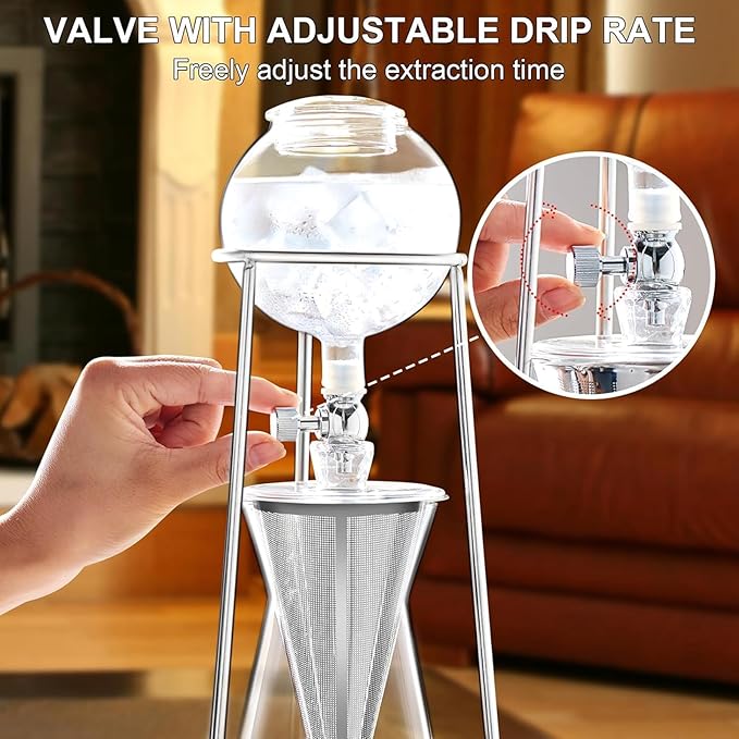 Slow Drip Cold Brew Coffee Maker Sealed Extraction Iced Tea Maker 2-4 Cup Capacity Adjustable Drip Speed with Stainless Steel Filter for Home/party